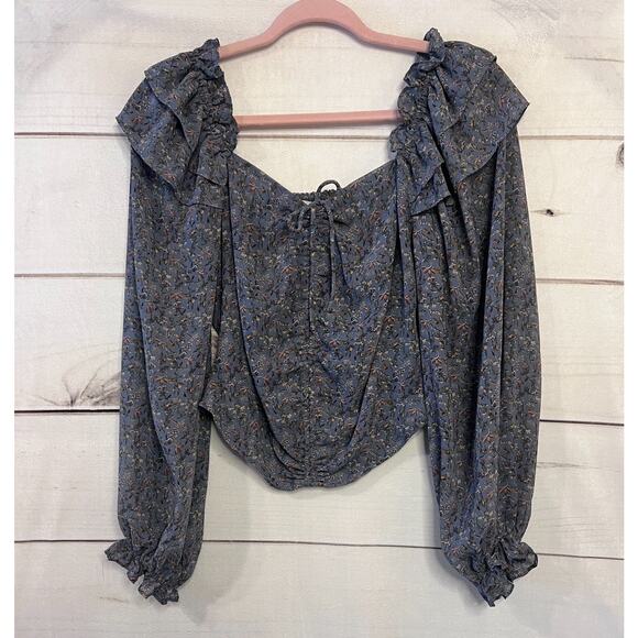 Astr The Label Top Blue Floral Ruffles Rouching Size SM - Picture 1 of 5